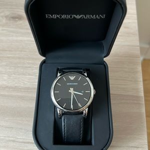 Emporio Armani Three-Hand Date Black Leather Watch